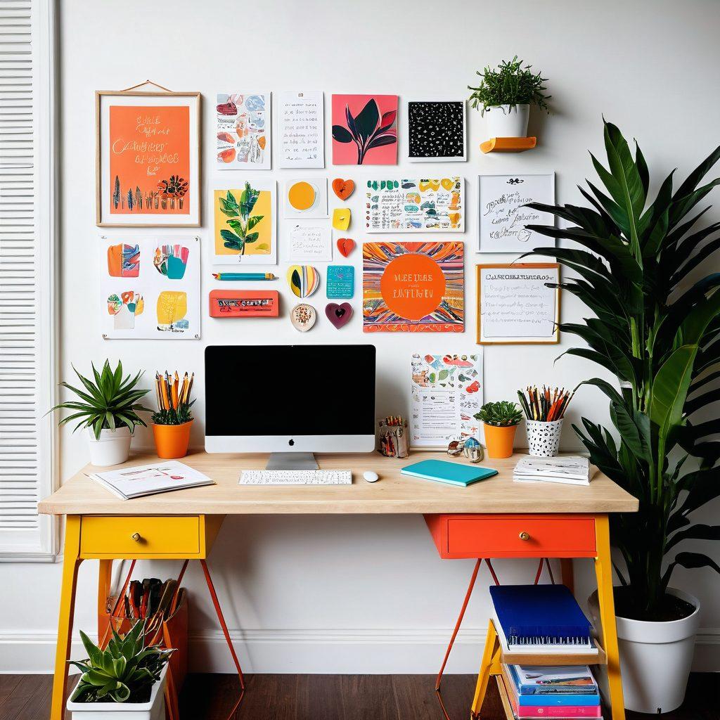 A beautifully arranged workspace filled with vibrant design tools like colorful pencils, sketchpads, and a computer displaying an attractive graphic interface. Include elements that symbolize creativity, such as inspirational quotes on the wall, potted plants for freshness, and a palette of colors spilling out of a drawer. The atmosphere is cheerful and inviting, showcasing the journey from clicks to finished charming designs. super-realistic. vibrant colors. white background.