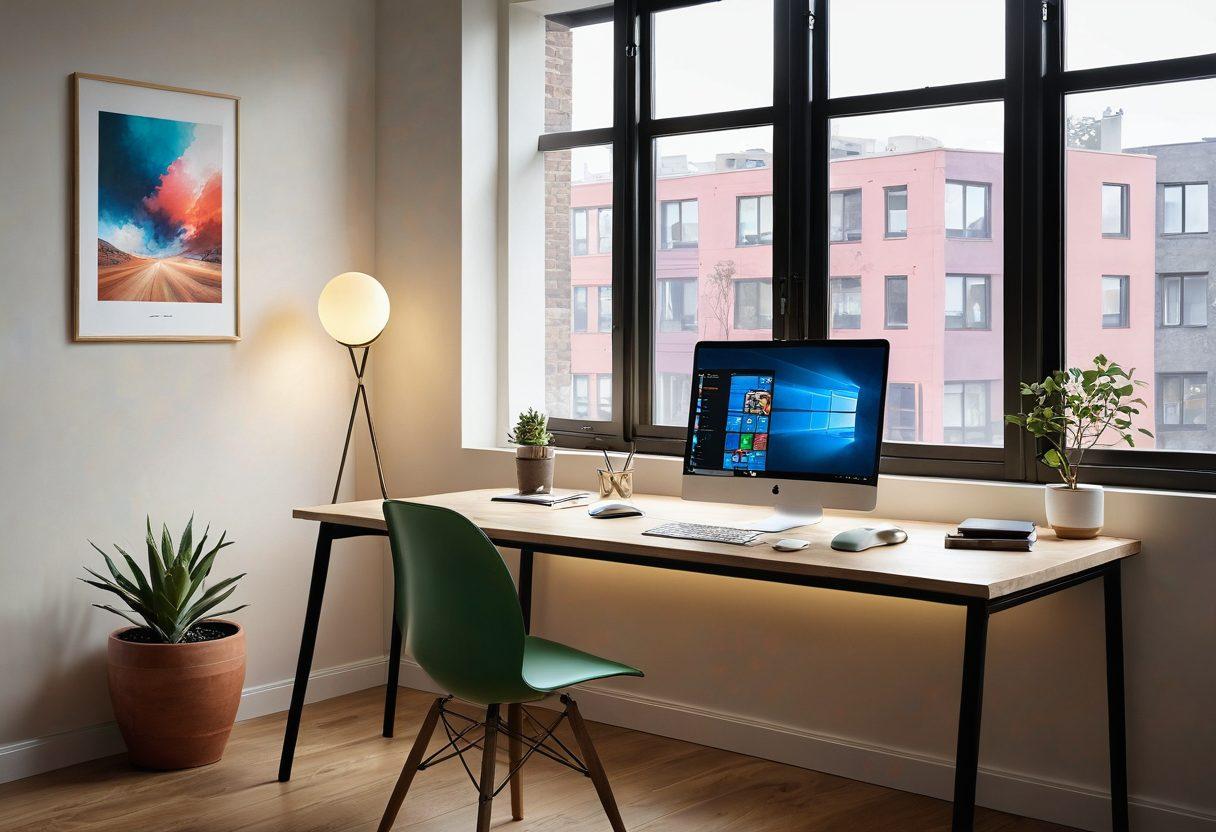 A modern workspace featuring a minimalist desk with a sleek laptop, elegant UI design sketches scattered around, and colorful interface mockups displayed on the screen. Soft natural light streaming through a large window, creating a calm atmosphere. The setting embodies sophistication and creativity, inspiring the viewer to explore the beauty of user interface design. super-realistic. vibrant colors. 3D.